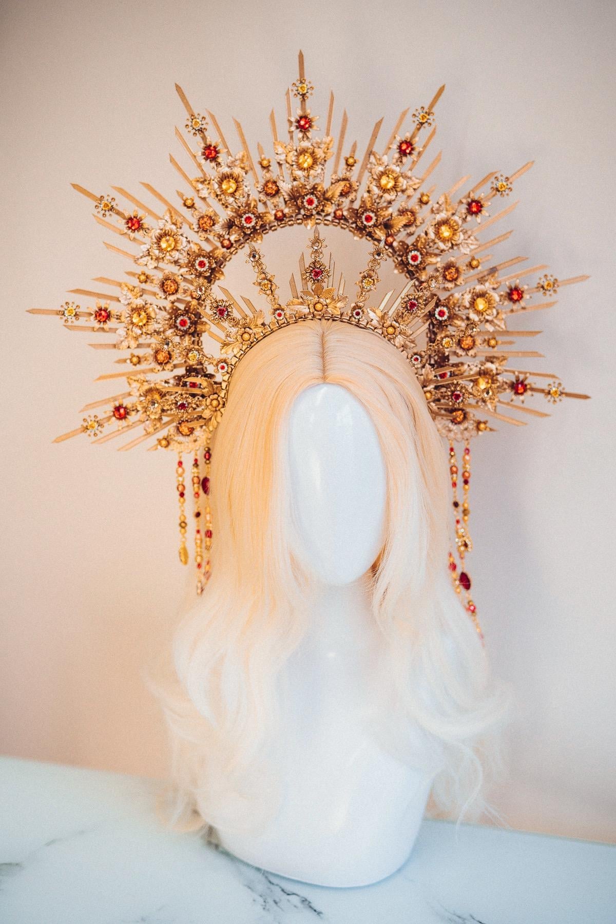 Crimson Floral Goddess Halo Crown Gold Sunray Headpiece Statement Bridal Crown