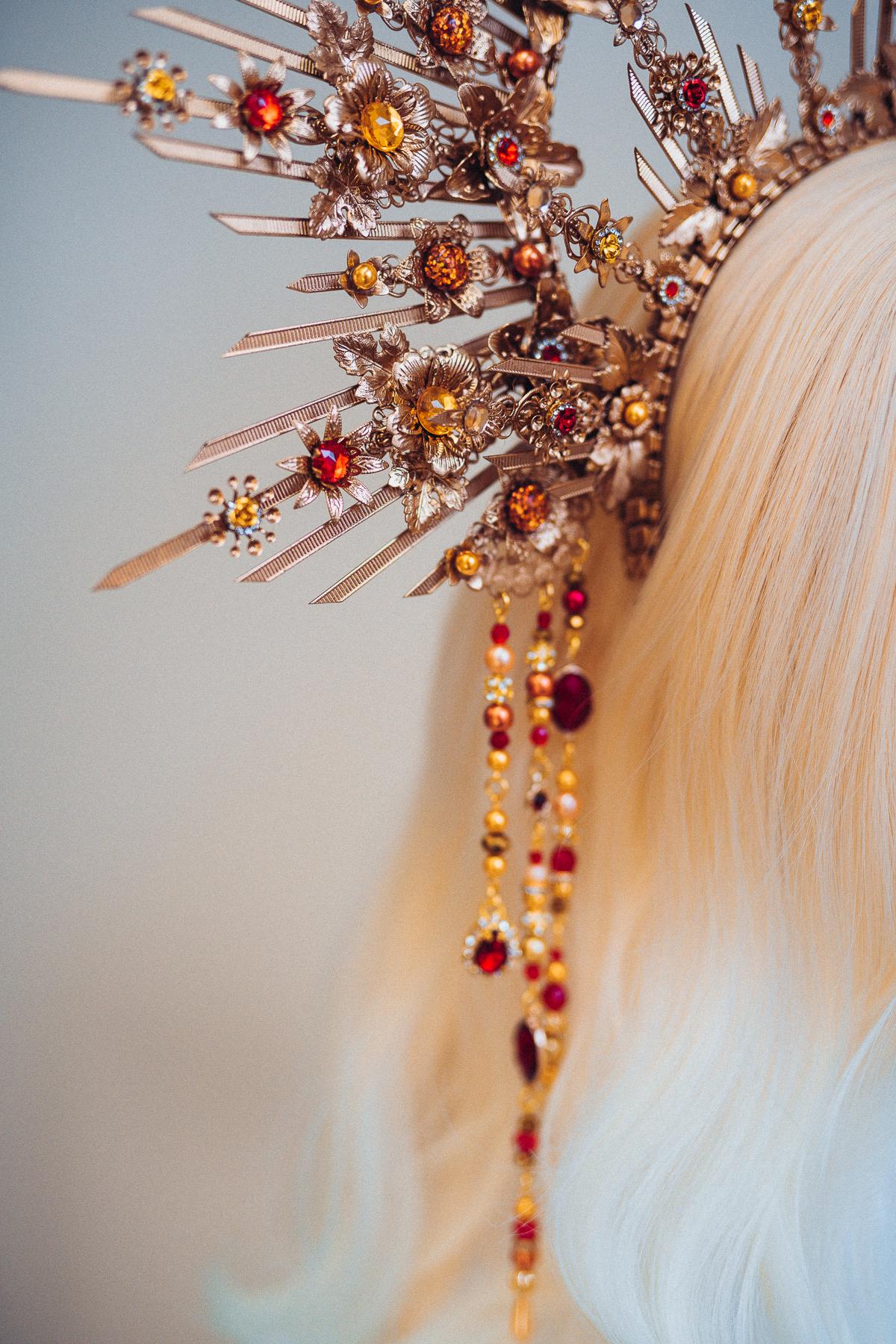 Crimson Floral Goddess Halo Crown Gold Sunray Headpiece Statement Bridal Crown
