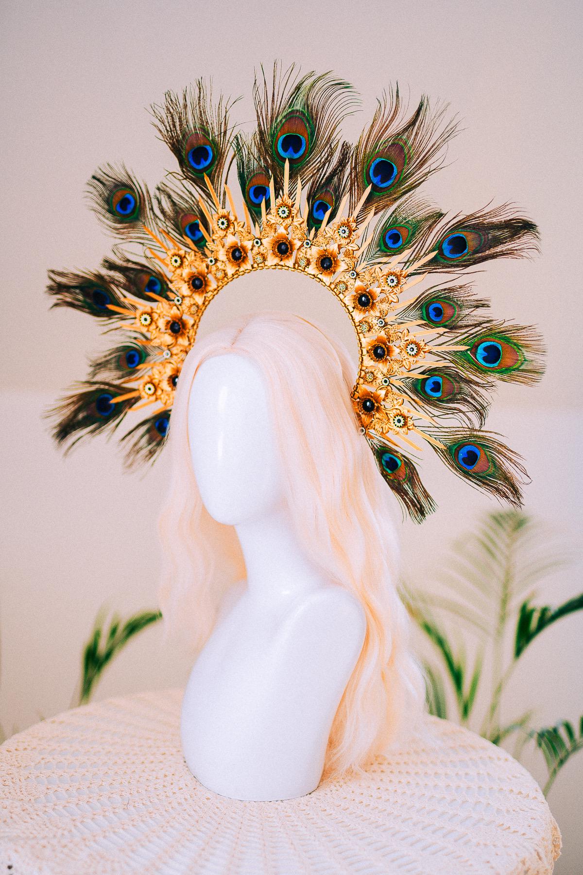 Peacock Feather Halo Crown Carnival Goddess Photoshoot Headpiece
