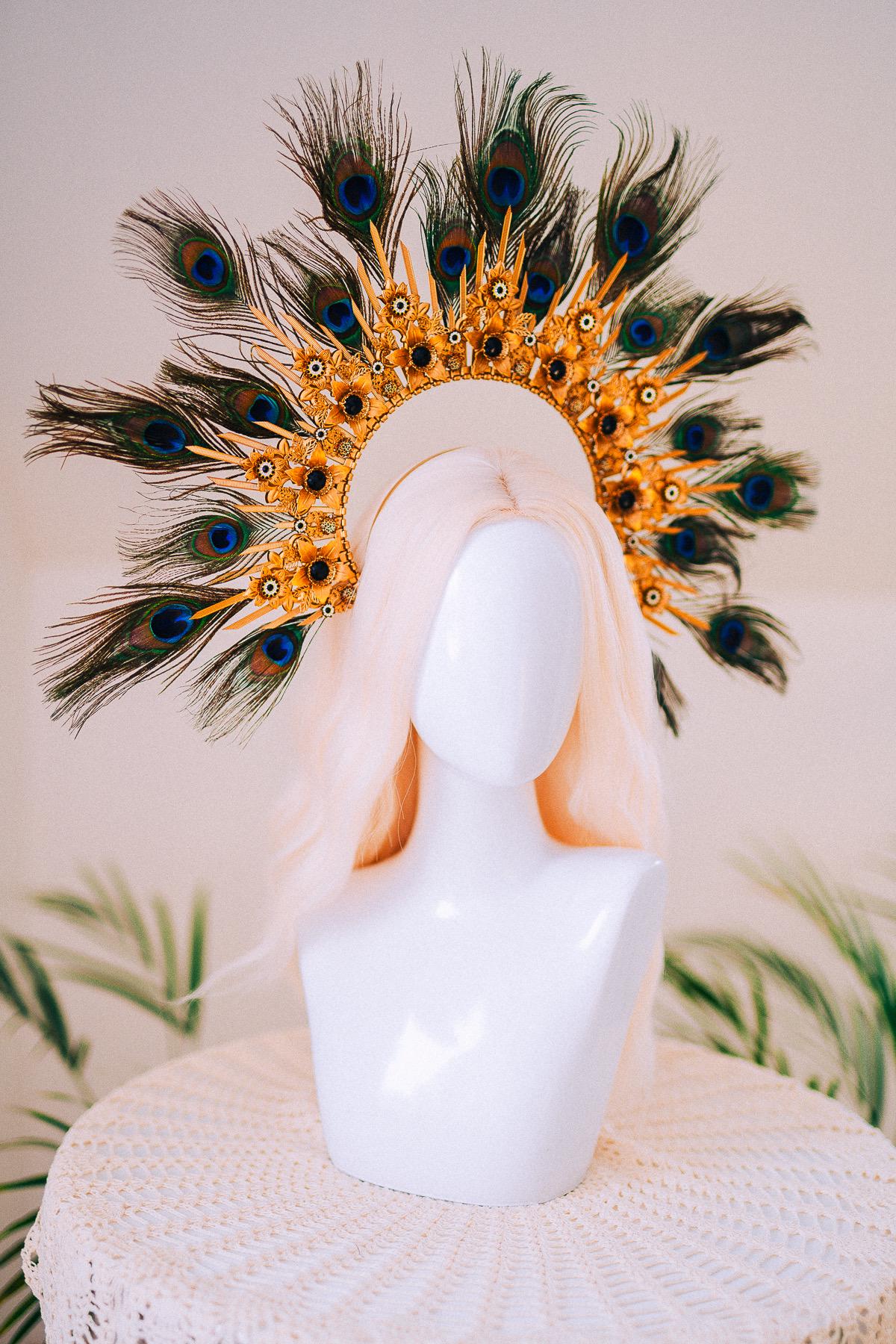 Peacock Feather Halo Crown Carnival Goddess Photoshoot Headpiece