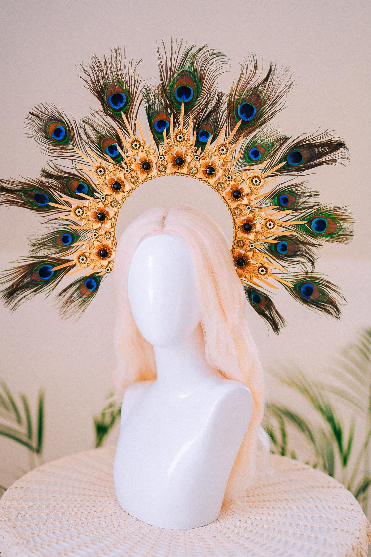 Peacock Feather Halo Crown Carnival Goddess Photoshoot Headpiece