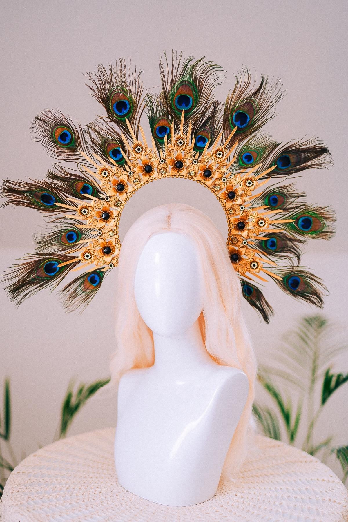 Peacock Feather Halo Crown Carnival Goddess Photoshoot Headpiece