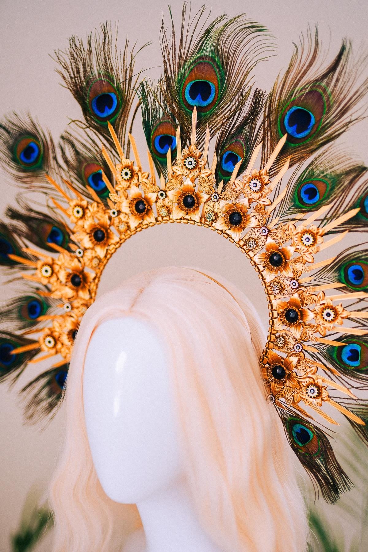 Peacock Feather Halo Crown Carnival Goddess Photoshoot Headpiece