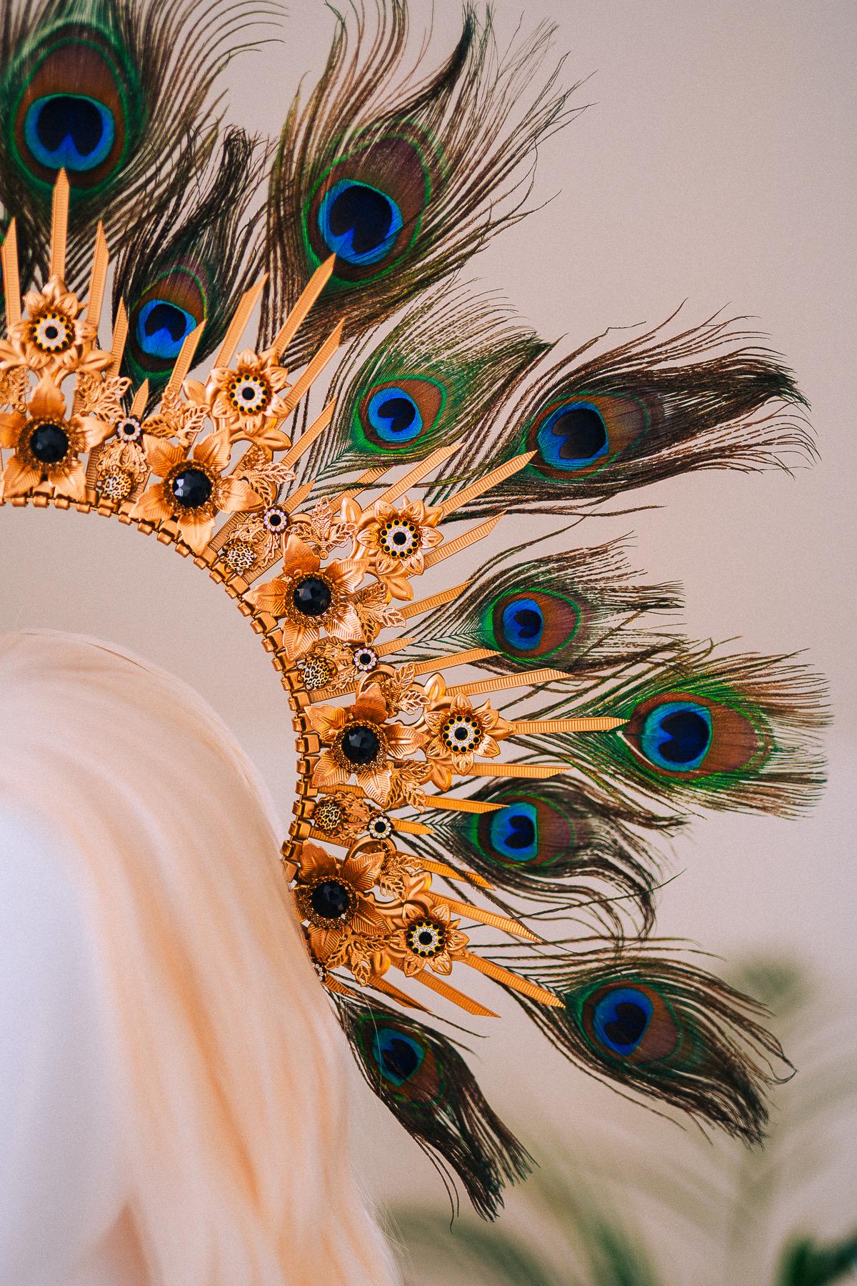 Peacock Feather Halo Crown Carnival Goddess Photoshoot Headpiece
