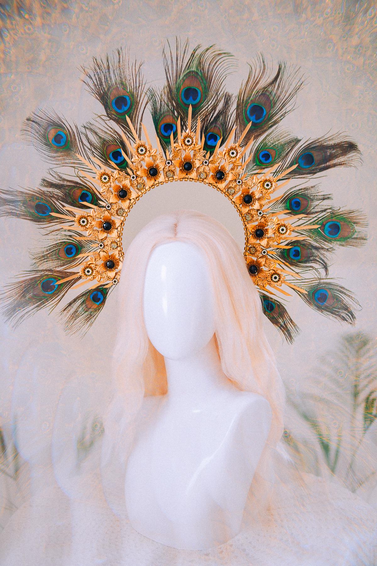 Peacock Feather Halo Crown Carnival Goddess Photoshoot Headpiece