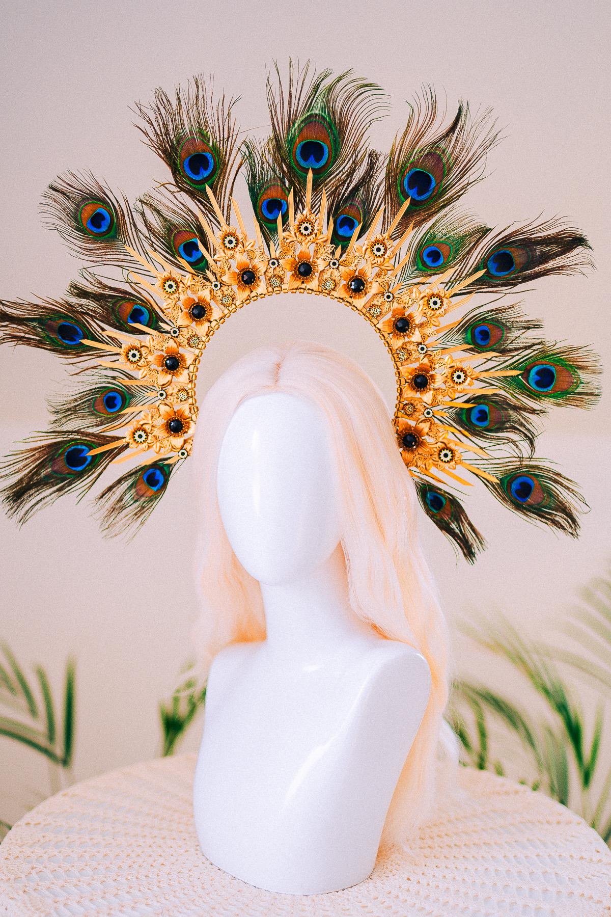 Peacock Feather Halo Crown Carnival Goddess Photoshoot Headpiece