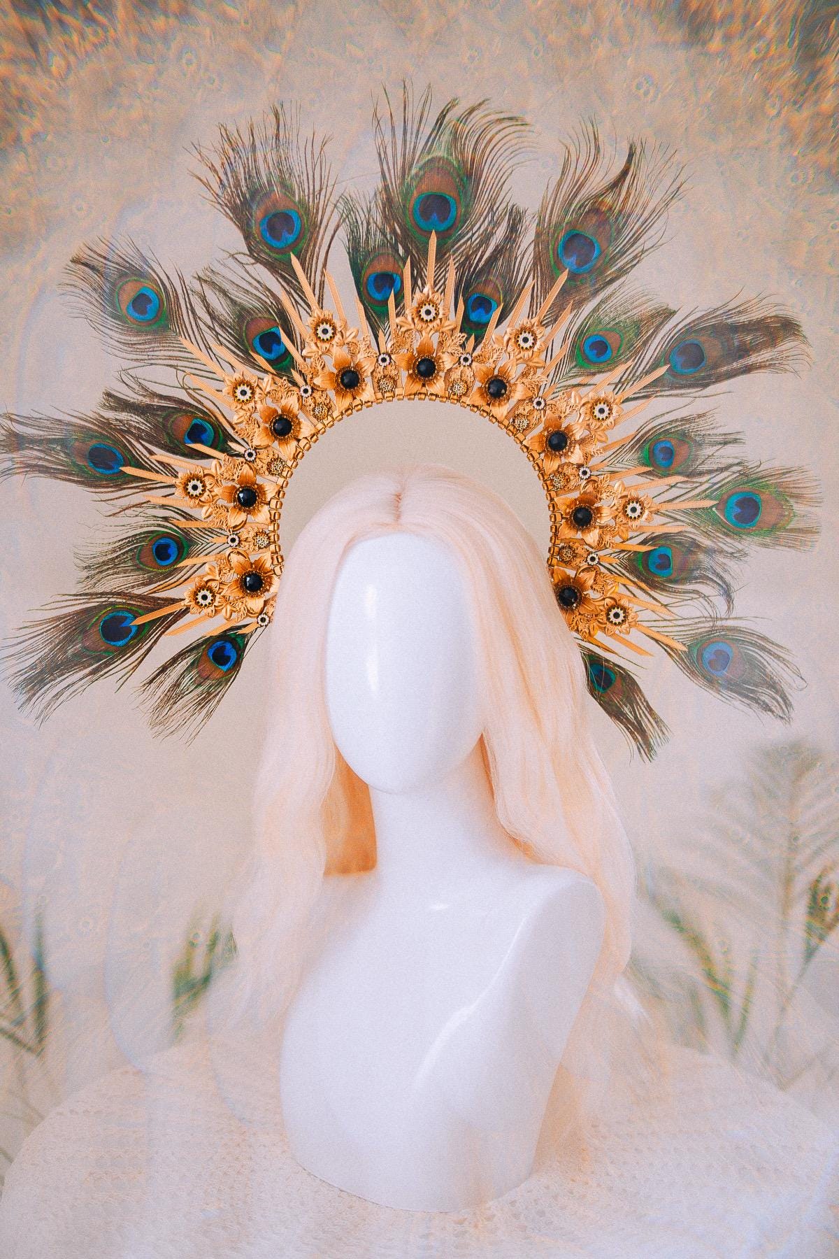 Peacock Feather Halo Crown Carnival Goddess Photoshoot Headpiece