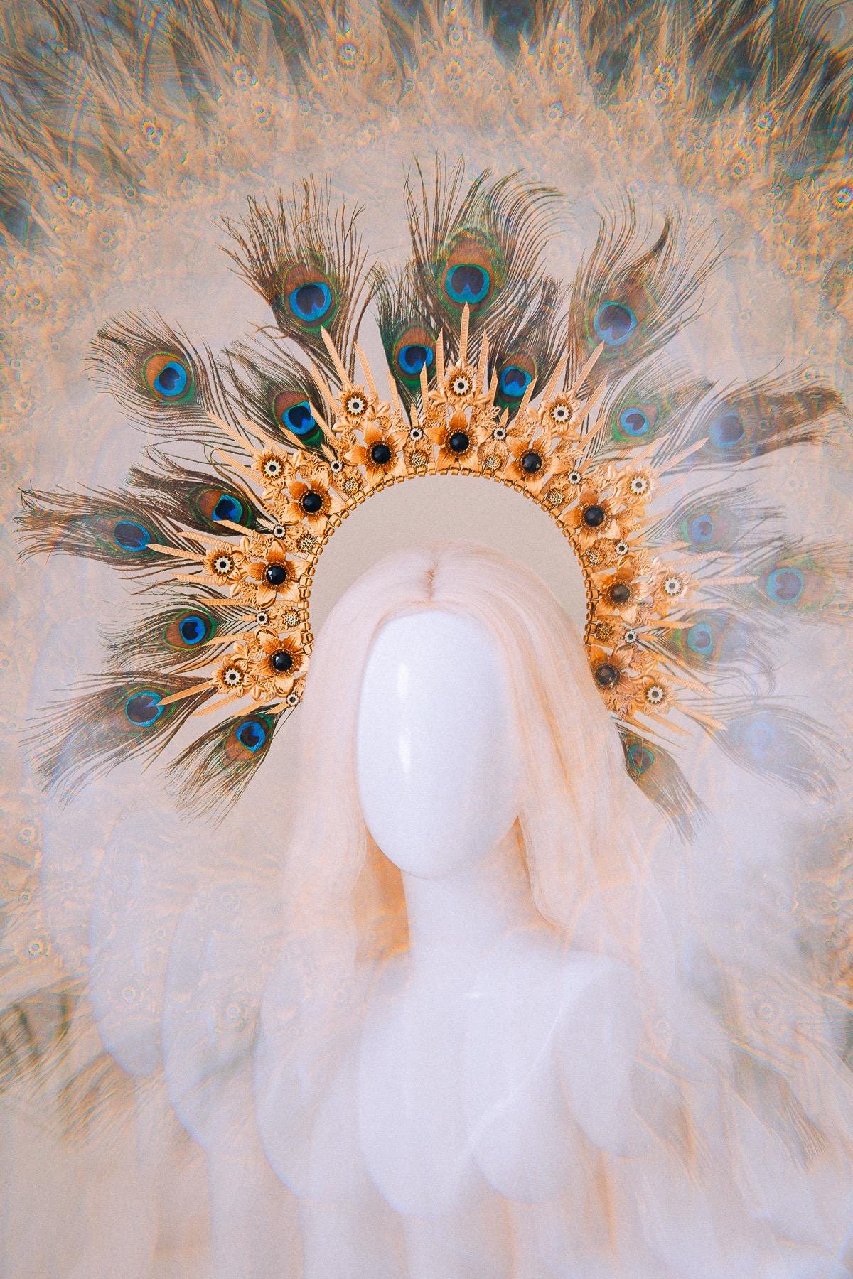 Peacock Feather Halo Crown Carnival Goddess Photoshoot Headpiece