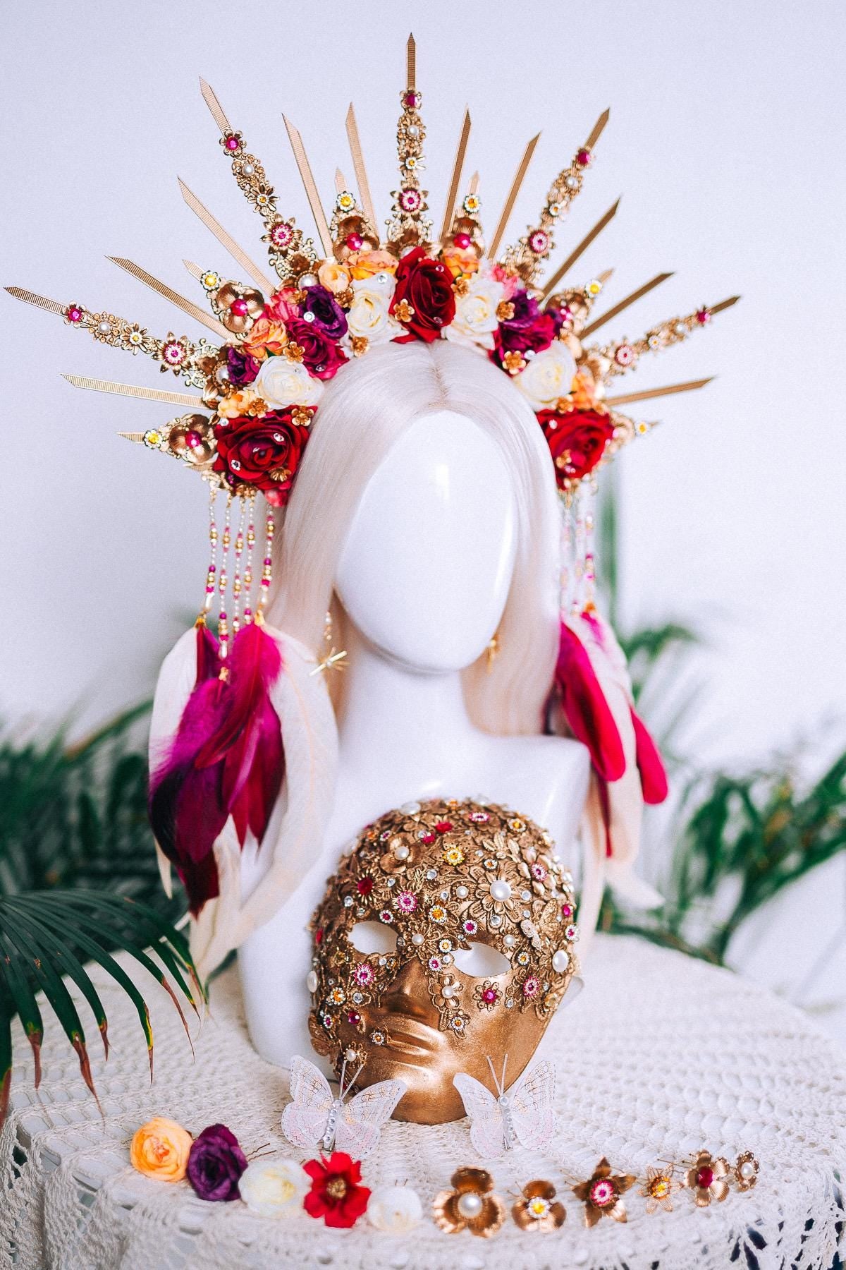 Floral Sunburst Halo Crown Goddess Set Headpiece