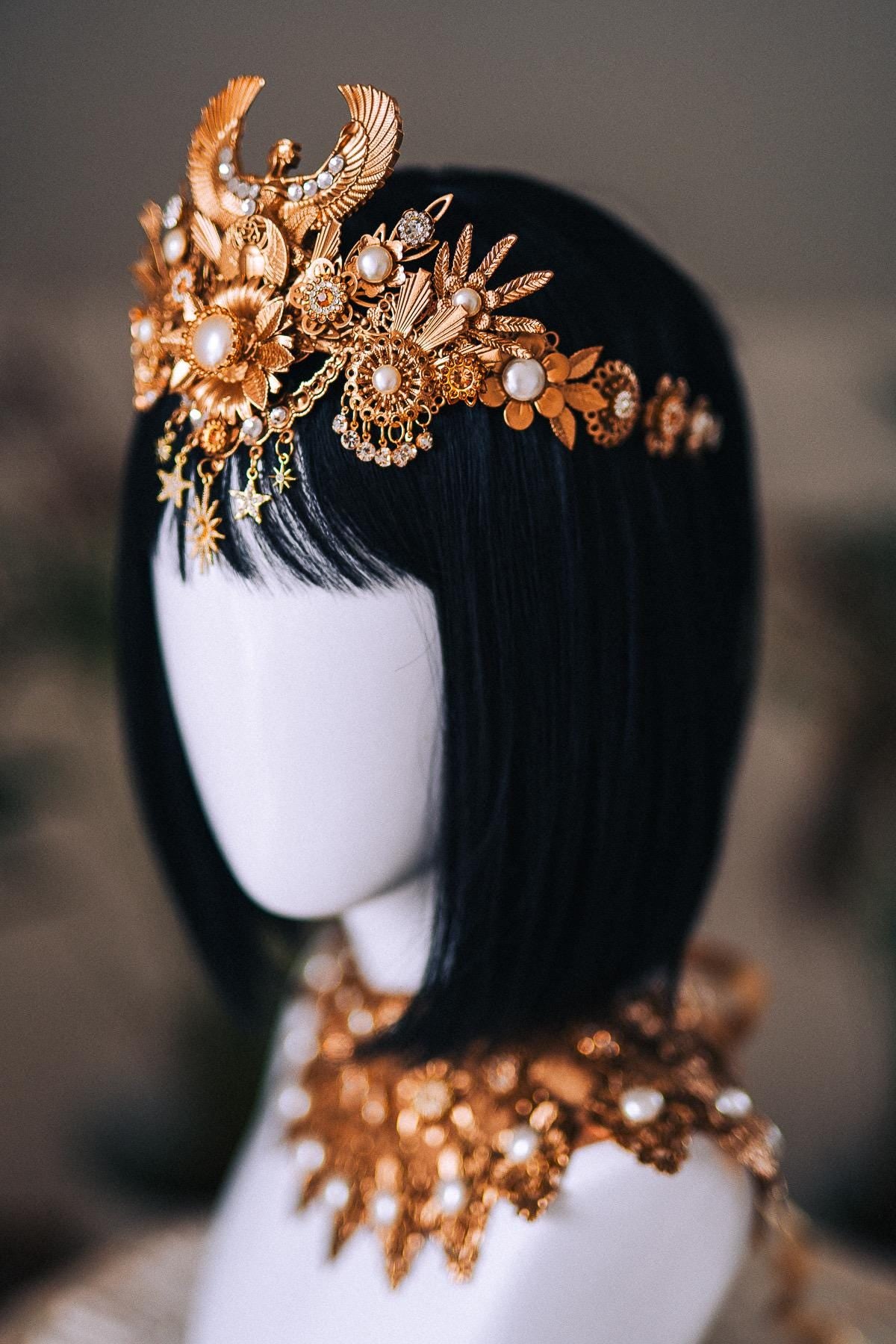 Royal Cleopatra Serpent Crown Gold Egyptian Goddess Headpiece Pearl Snake Tiara Festival Costume Accessory
