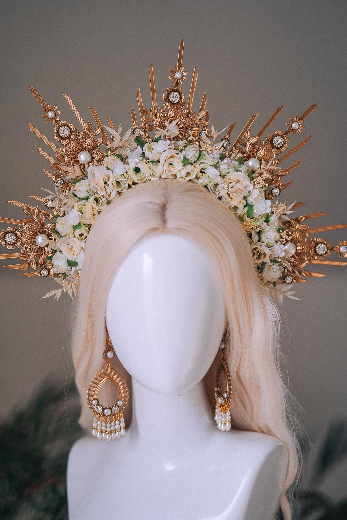 Golden Floral Pearl Goddess Earrings
