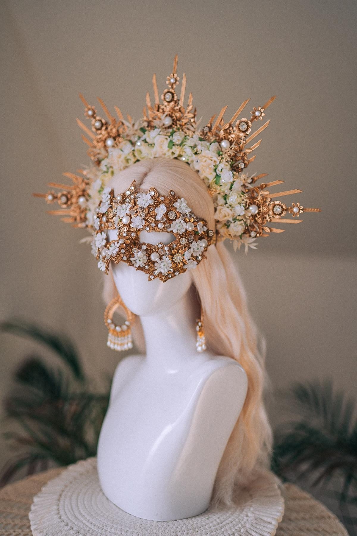 Golden Floral Solar Halo Crown Goddess Bride