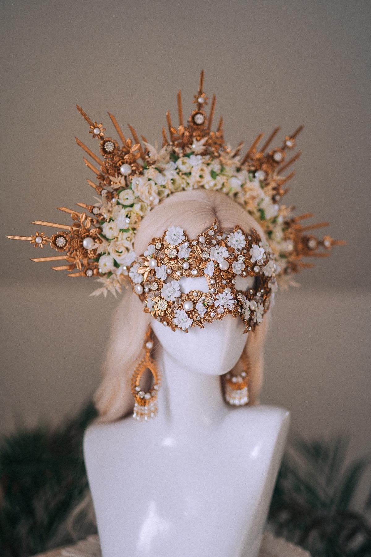 Golden Floral Solar Halo Crown Goddess Bride
