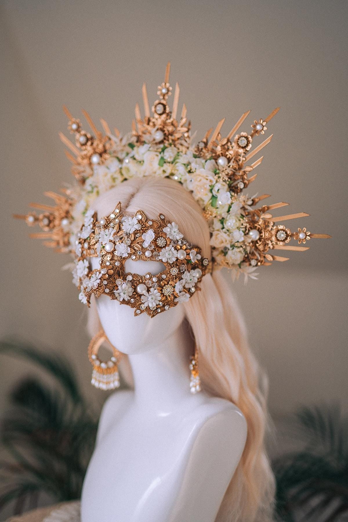 Golden Floral Solar Halo Crown Goddess Bride