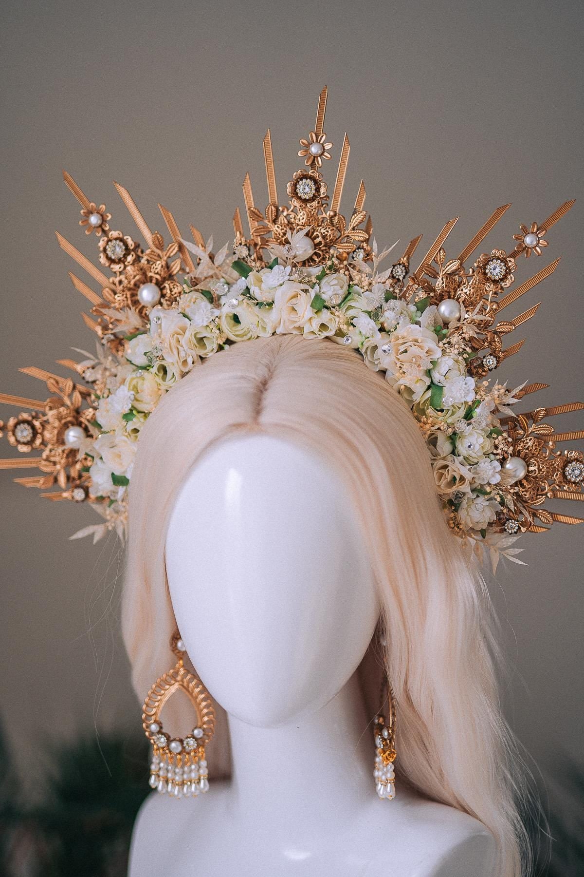 Golden Floral Goddess Masquerade Mask Pearl Crown Inspired