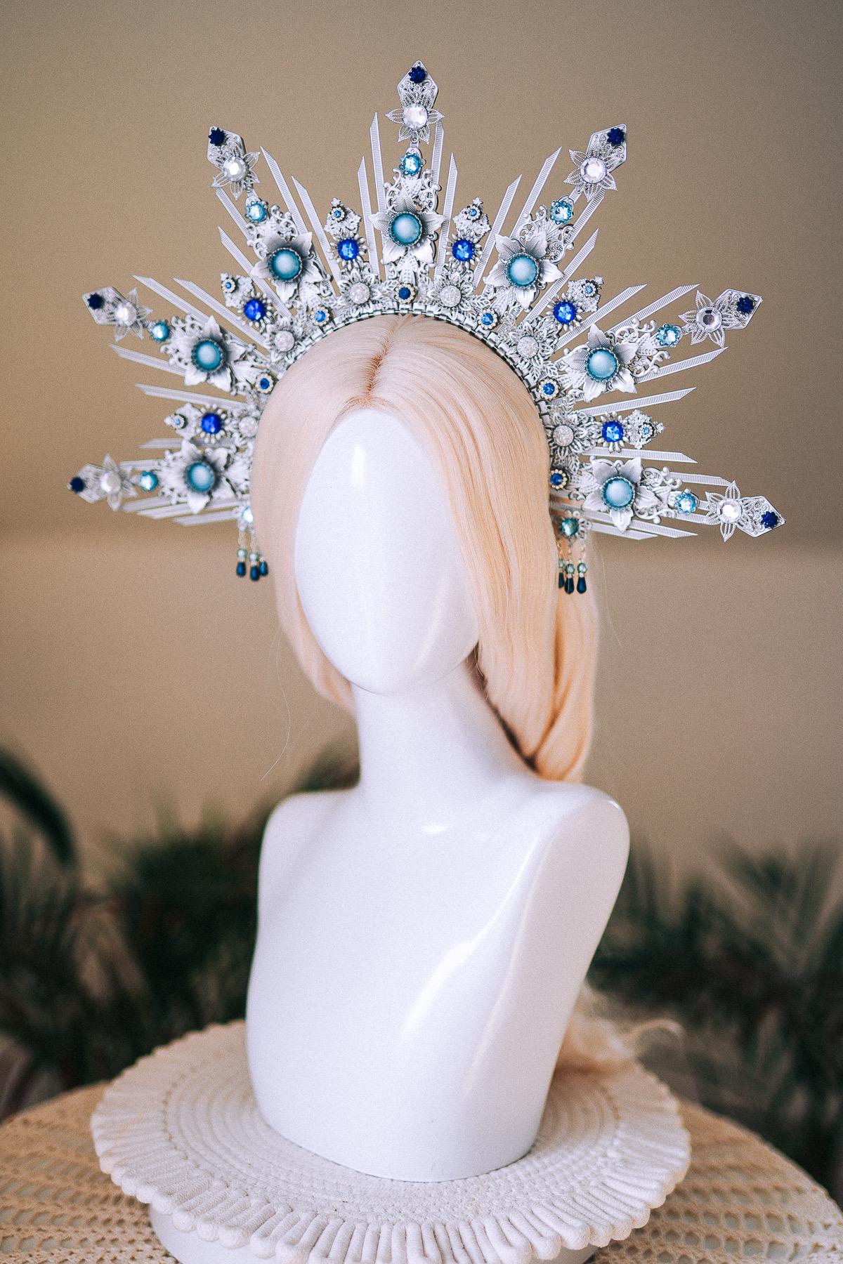 Celestial Bridal Halo Crown Silver Blue Crystal Goddess Headpiece