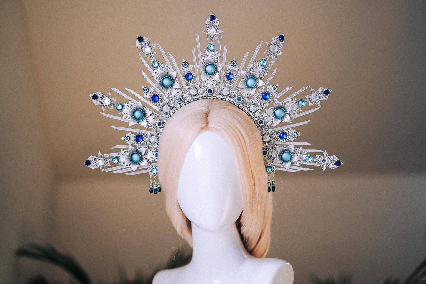 Celestial Bridal Halo Crown Silver Blue Crystal Goddess Headpiece