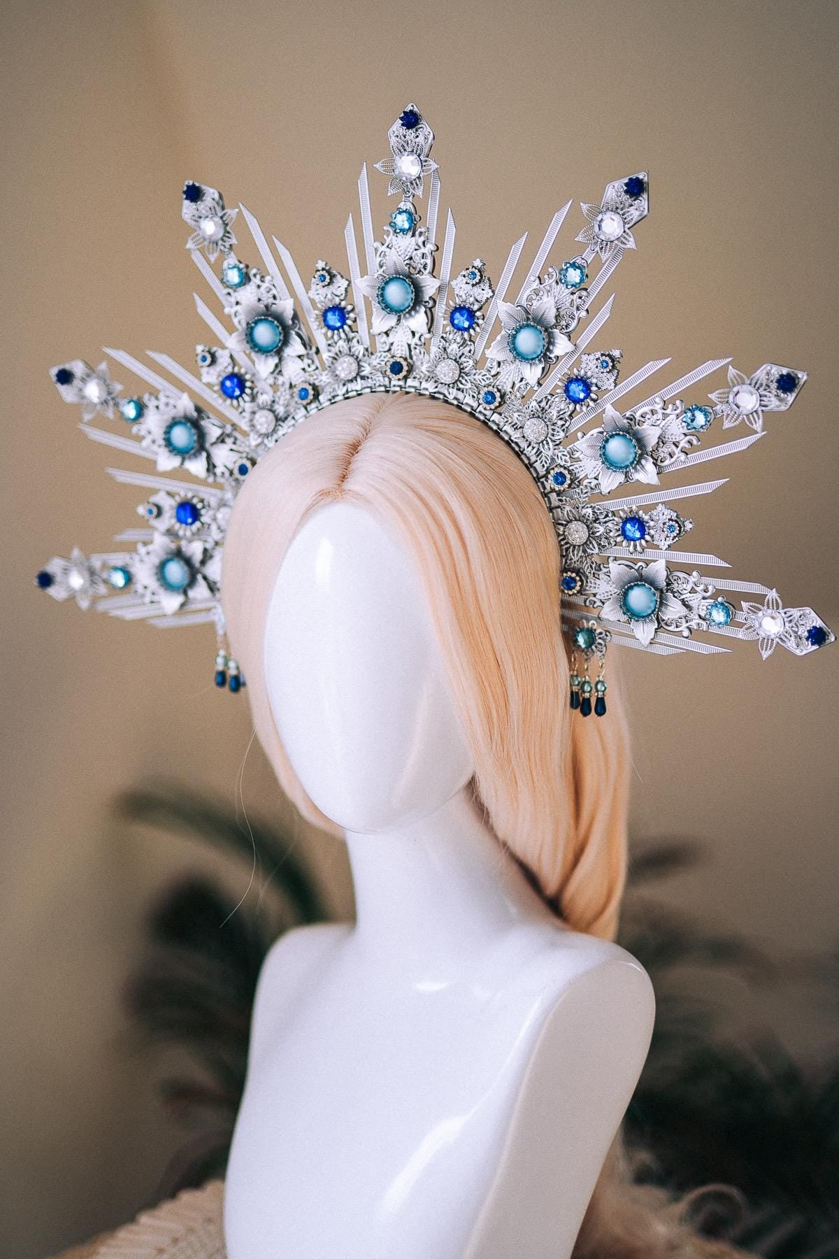 Celestial Bridal Halo Crown Silver Blue Crystal Goddess Headpiece