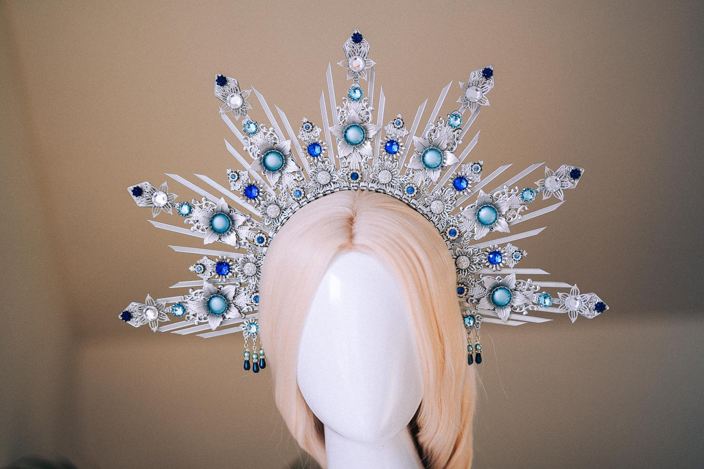 Celestial Bridal Halo Crown Silver Blue Crystal Goddess Headpiece