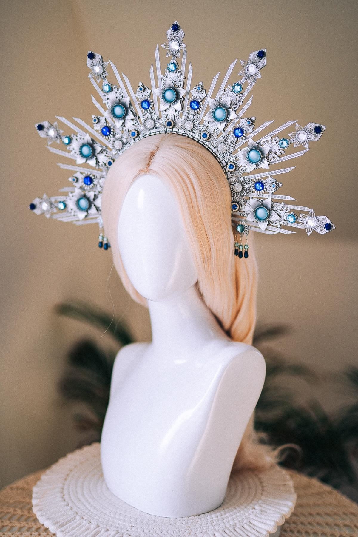 Celestial Bridal Halo Crown Silver Blue Crystal Goddess Headpiece