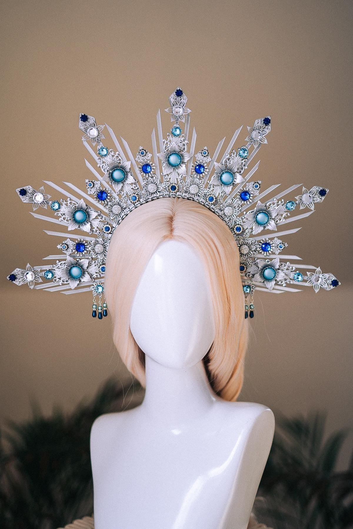 Celestial Bridal Halo Crown Silver Blue Crystal Goddess Headpiece