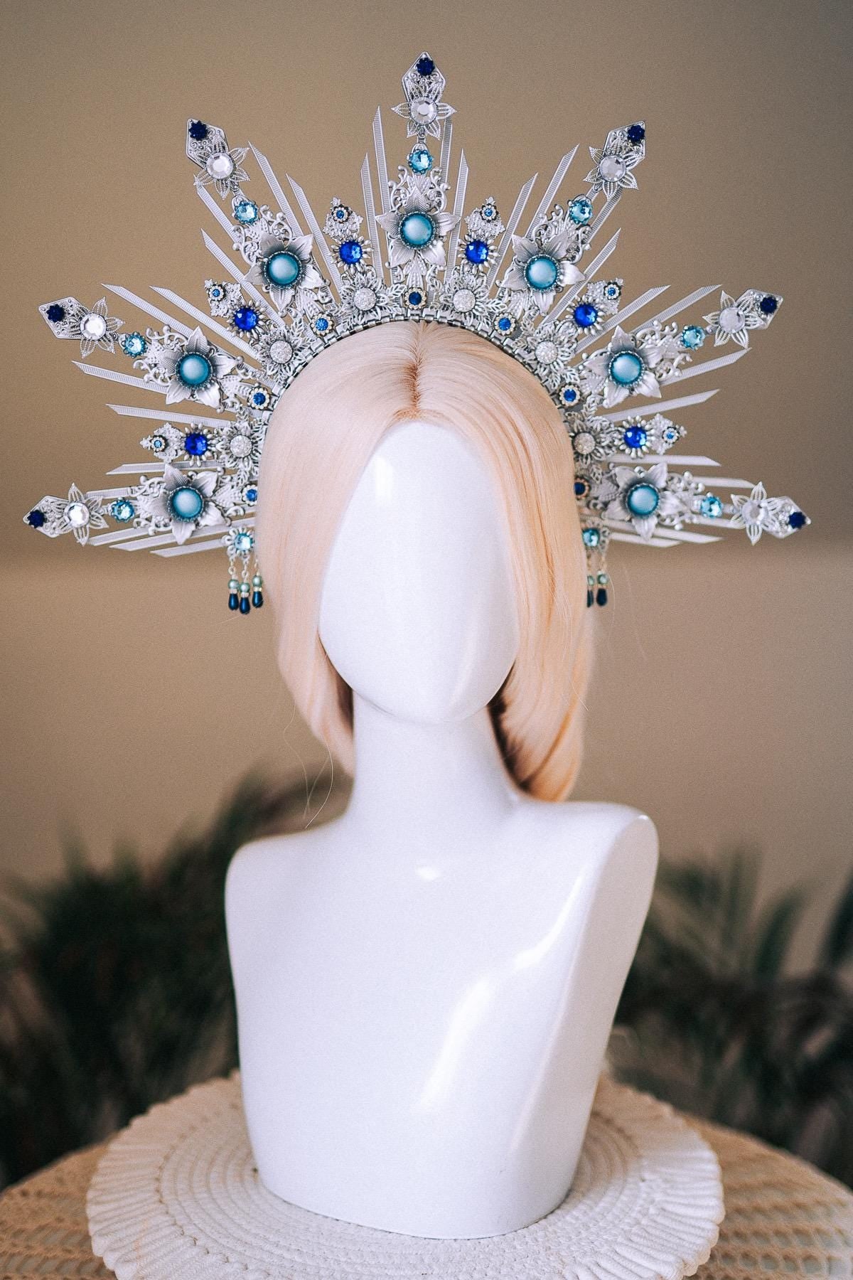 Celestial Bridal Halo Crown Silver Blue Crystal Goddess Headpiece