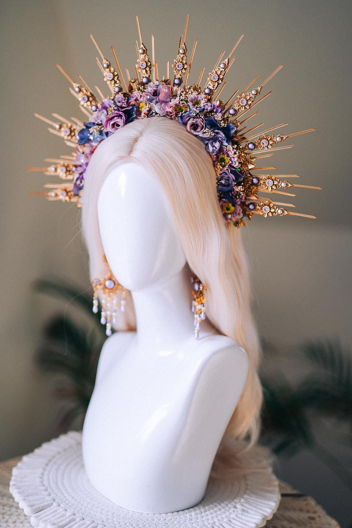 Lavender Deer Goddess Earrings Gold Floral Pearl Drops
