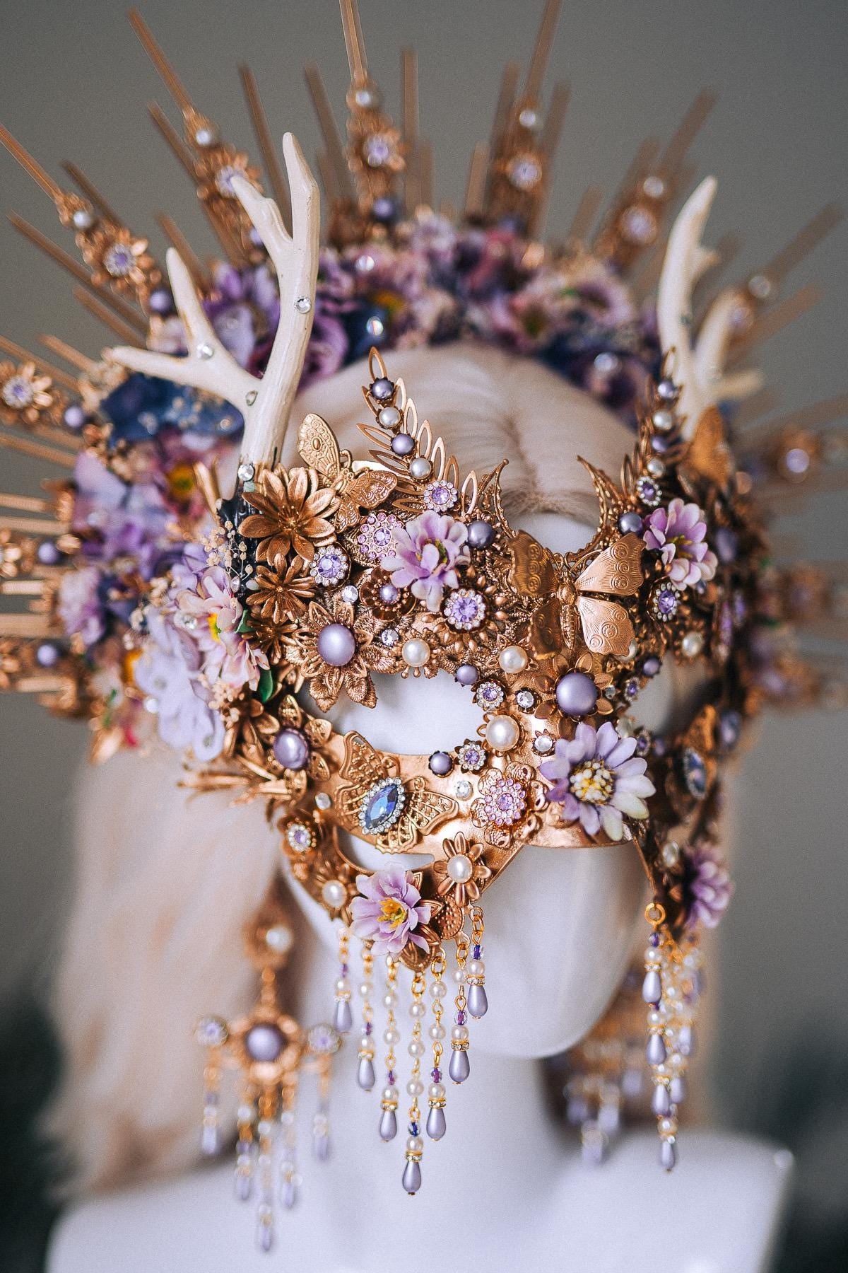 Lavender Deer Goddess Masquerade Mask Gold Floral Antler Headpiece