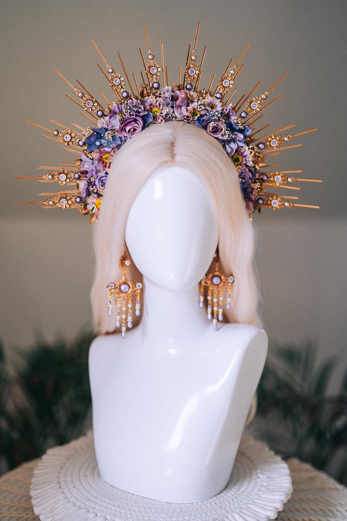 Golden Floral Solar Halo Crown Goddess Bride