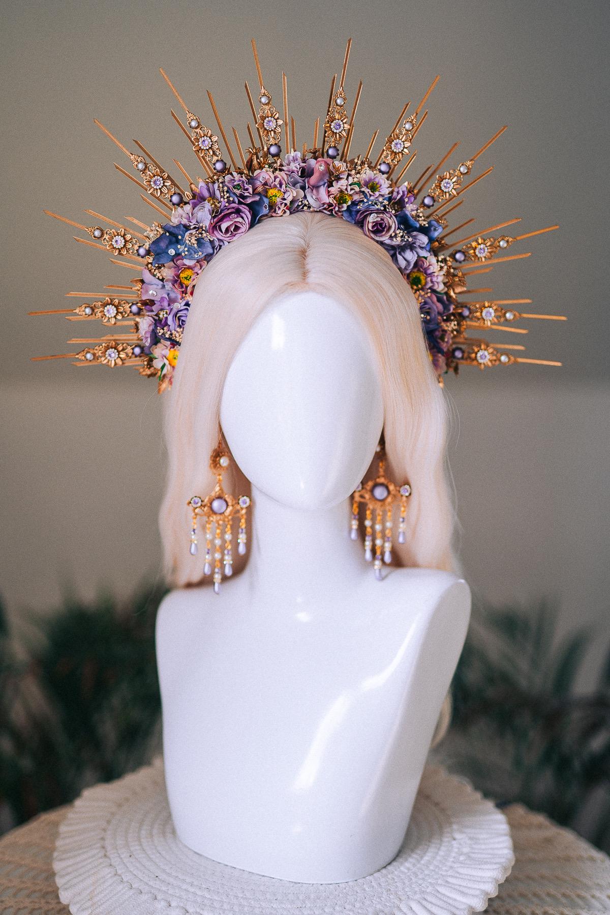 Lavender Deer Goddess Earrings Gold Floral Pearl Drops