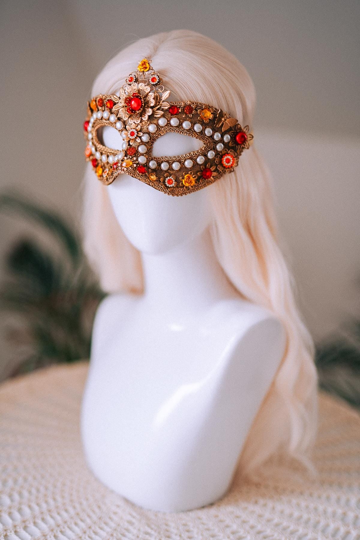 Golden Pearl Floral Masquerade Mask