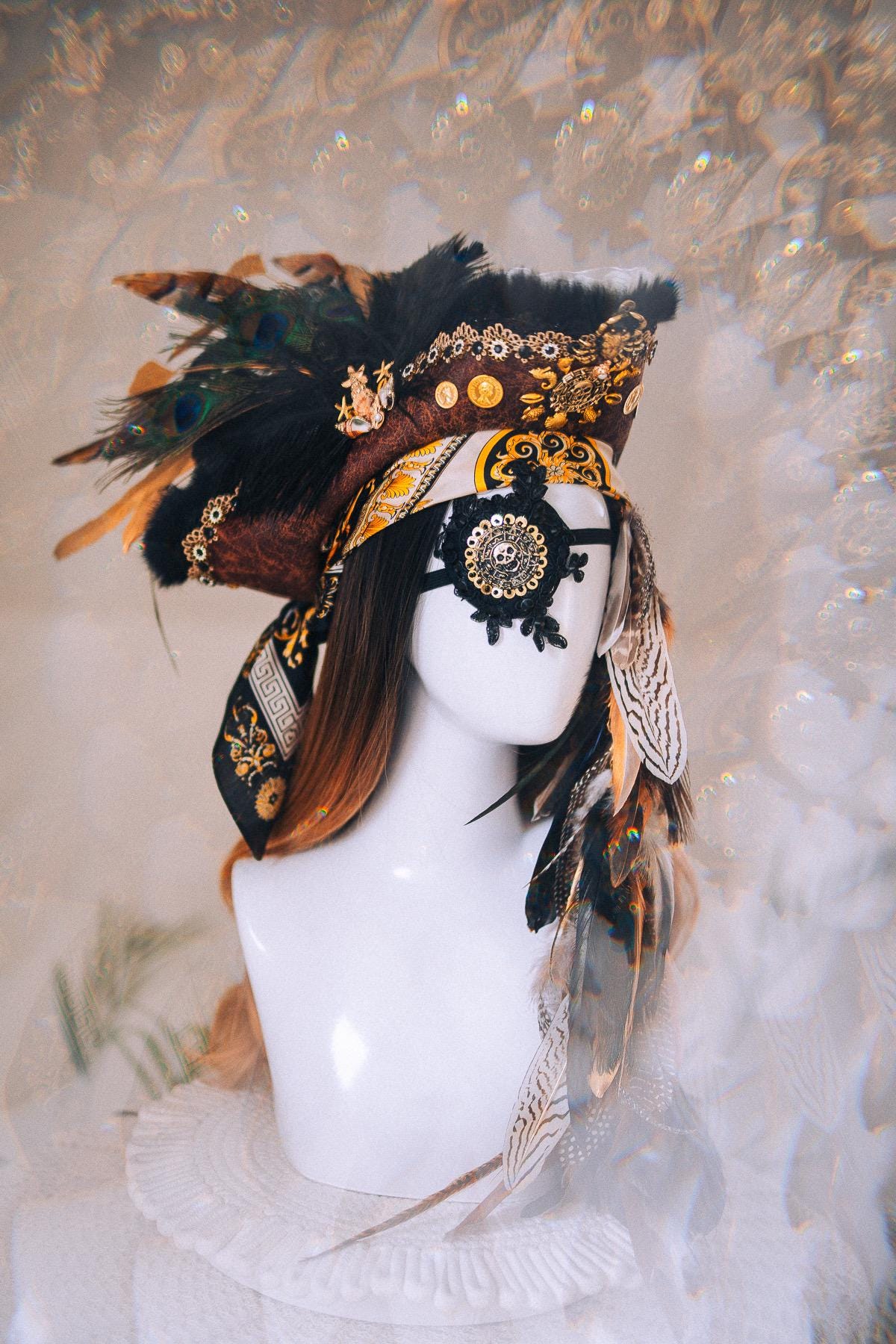 Pirate Tricorn Feather Hat Gothic Skull Costume Headpiece