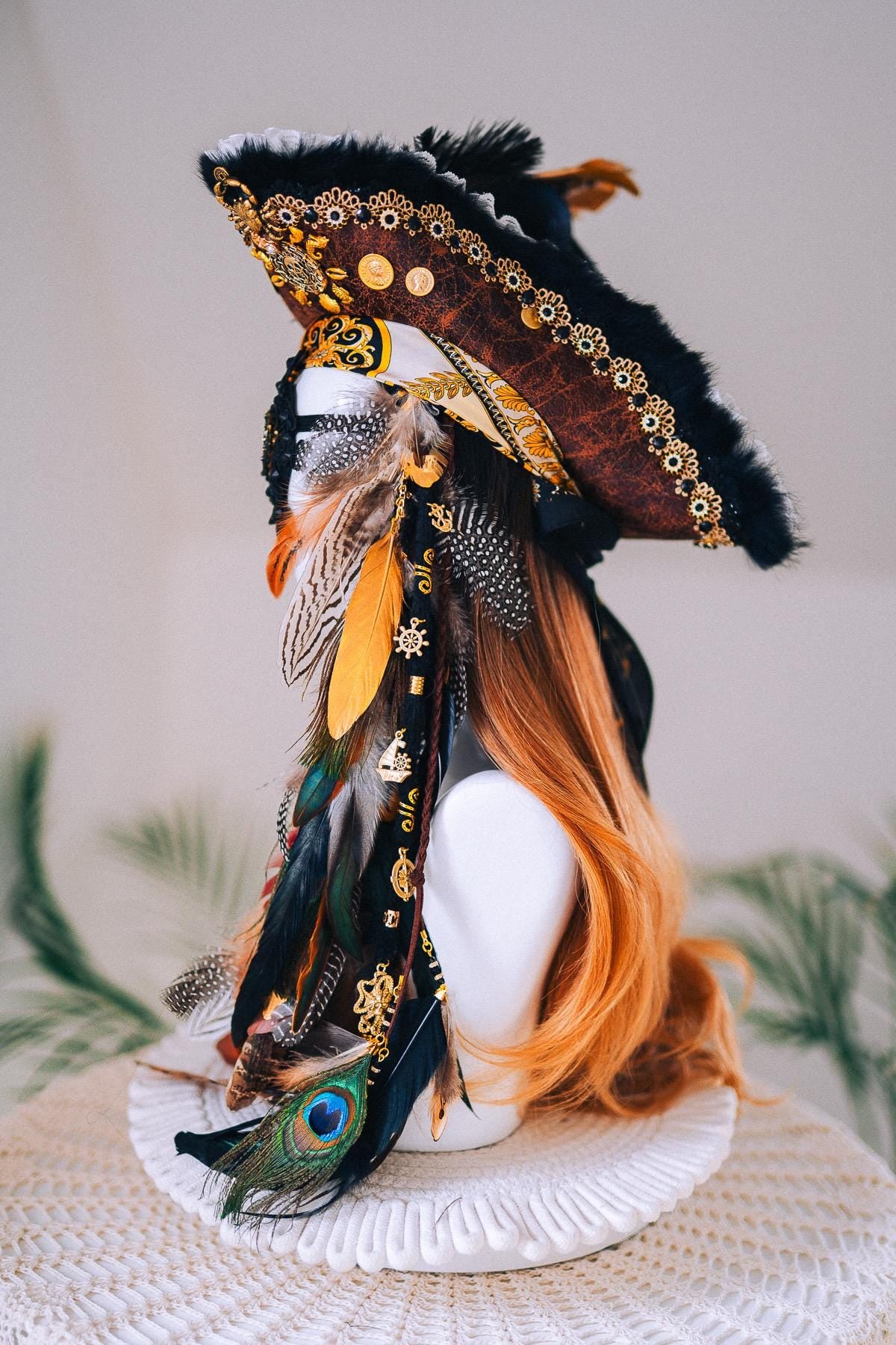 Pirate Tricorn Feather Hat Gothic Skull Costume Headpiece