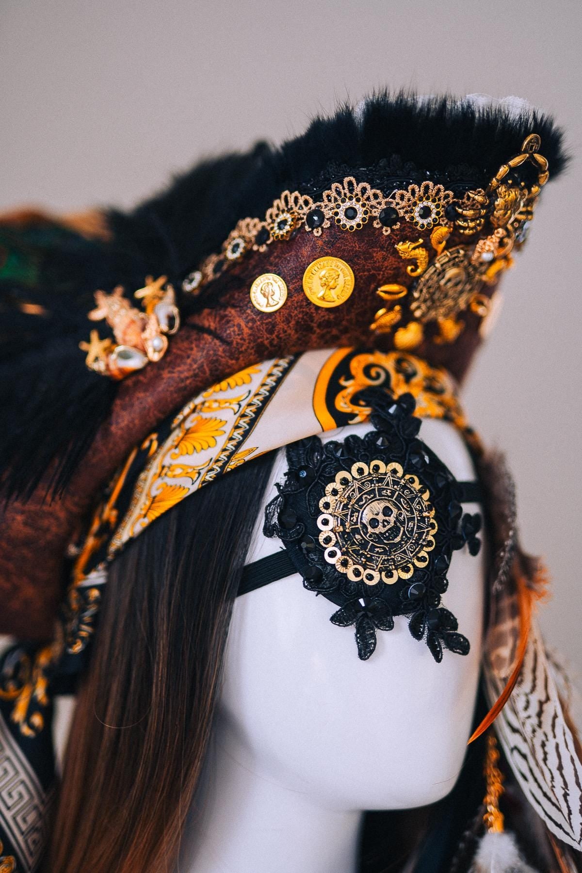 Pirate Tricorn Feather Hat Gothic Skull Costume Headpiece
