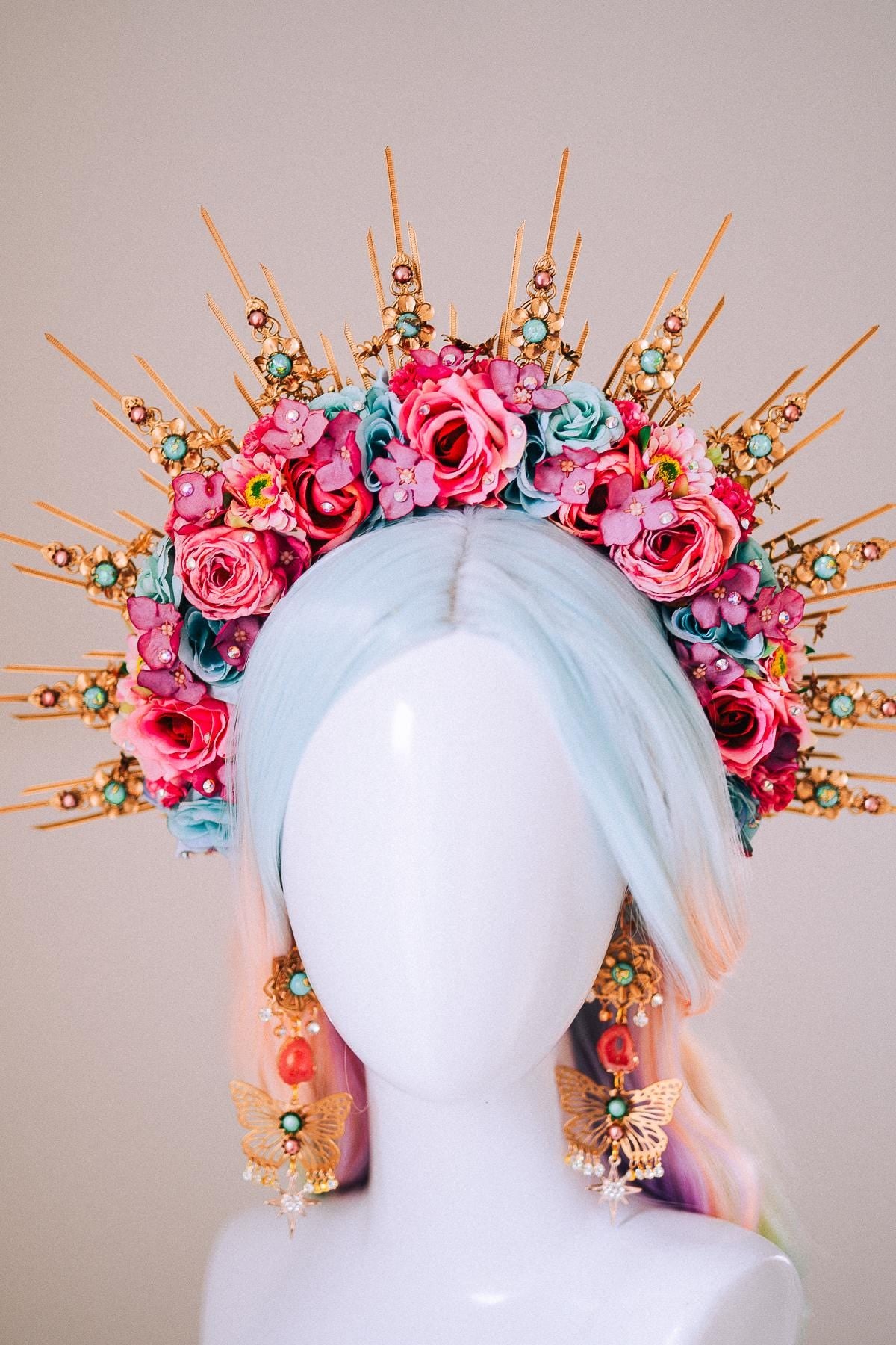 Butterfly Floral Halo Crown Gold Flower Goddess Headpiece Festival Wedding Statement Crown