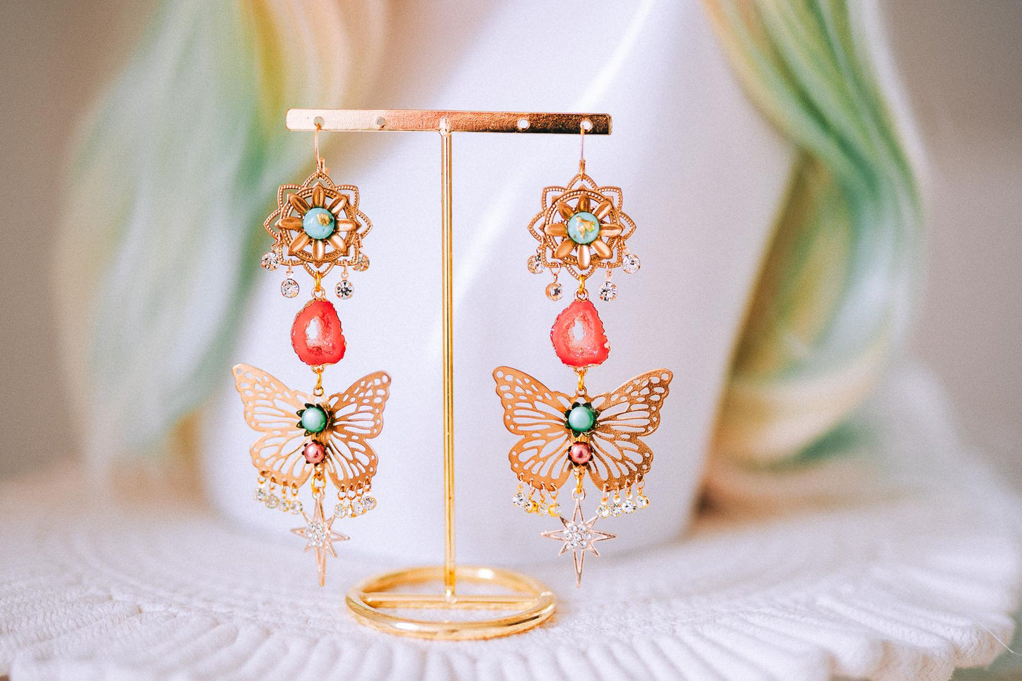 Butterfly Statement Earrings Gold Crystal Masquerade Festival Jewelry