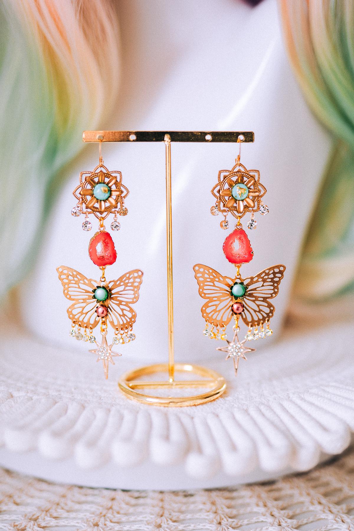 Butterfly Statement Earrings Gold Crystal Masquerade Festival Jewelry