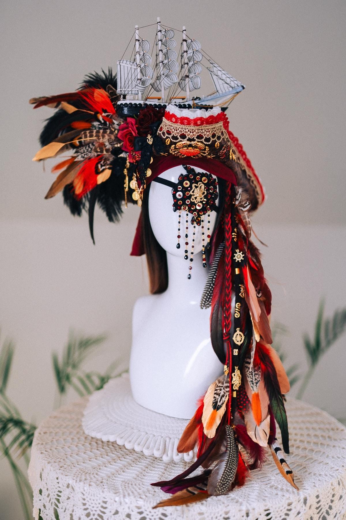 Pirate Feather Hair Clip Burgundy Nautical Costume Accessory