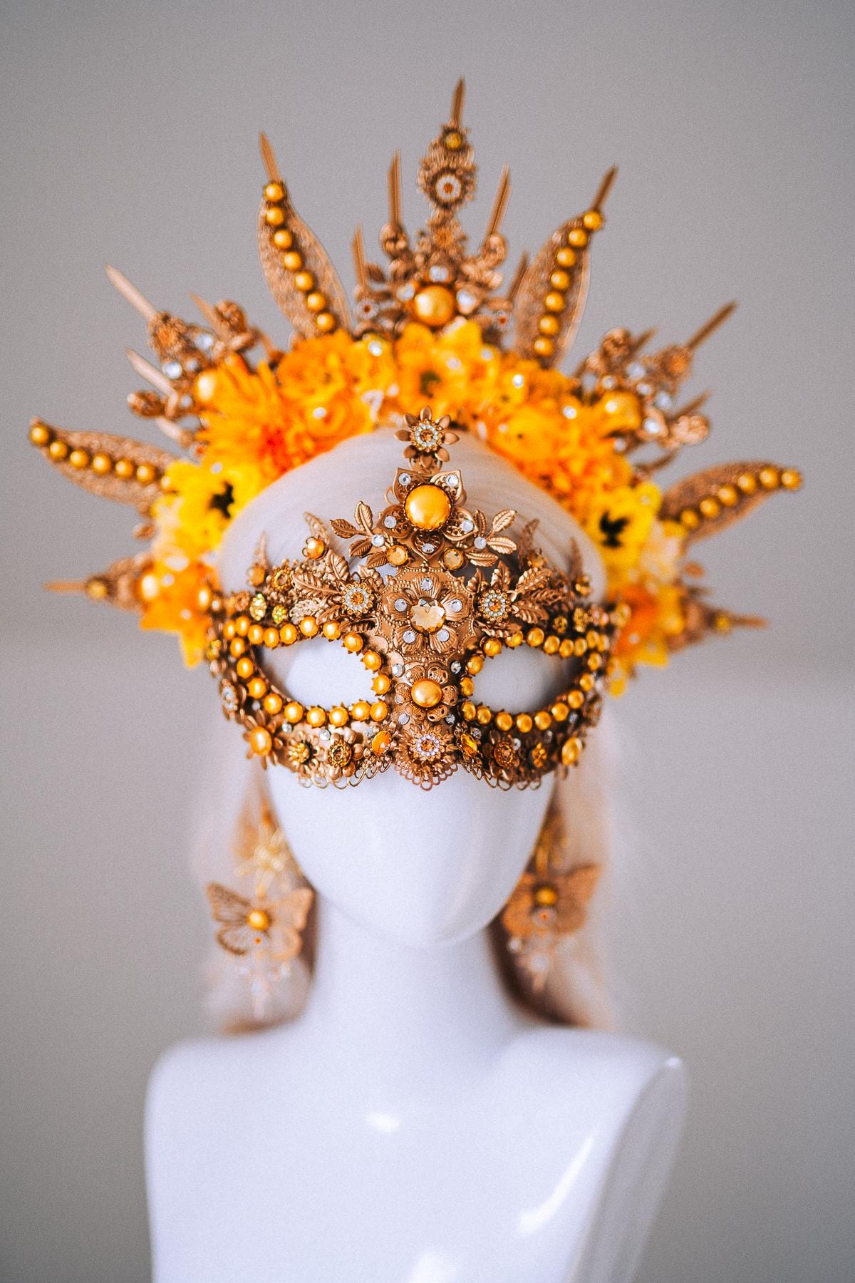 Sun Goddess Halo Crown Gold Floral Sunburst Festival Headpiece