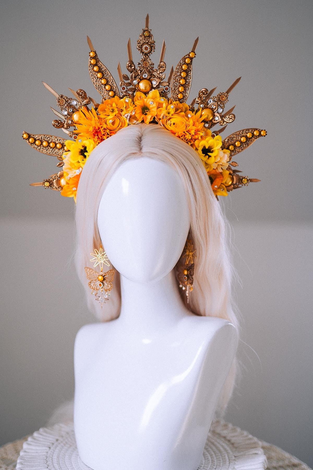 Sun Goddess Halo Crown Gold Floral Sunburst Festival Headpiece