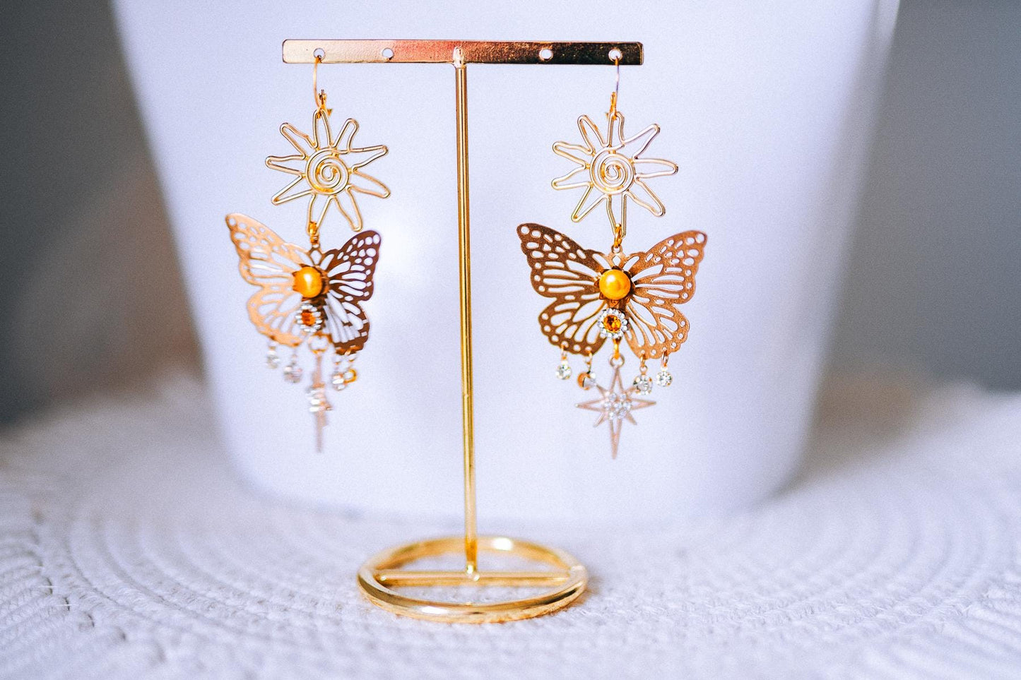 Sun Goddess Butterfly Earrings Gold Crystal Statement Festival Jewelry