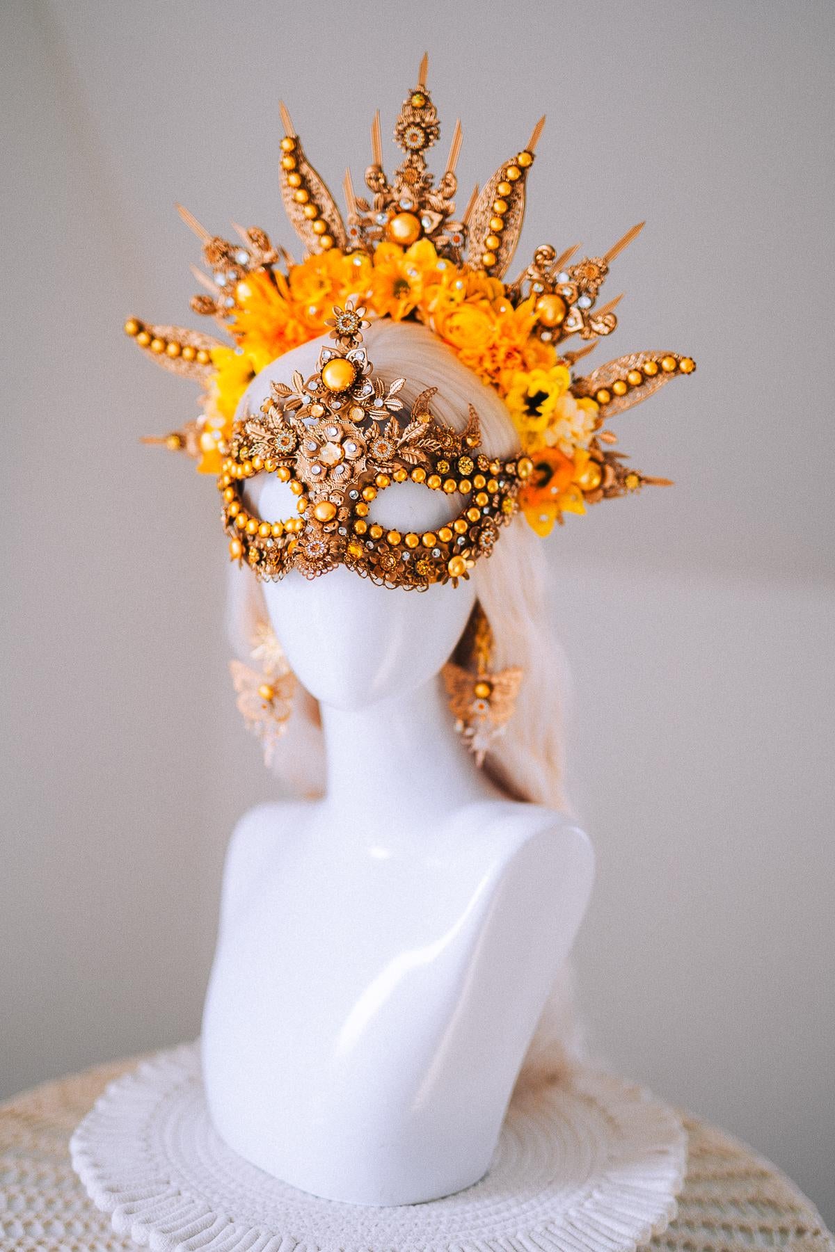 Sun Goddess Masquerade Mask Gold Crystal Festival Costume Mask