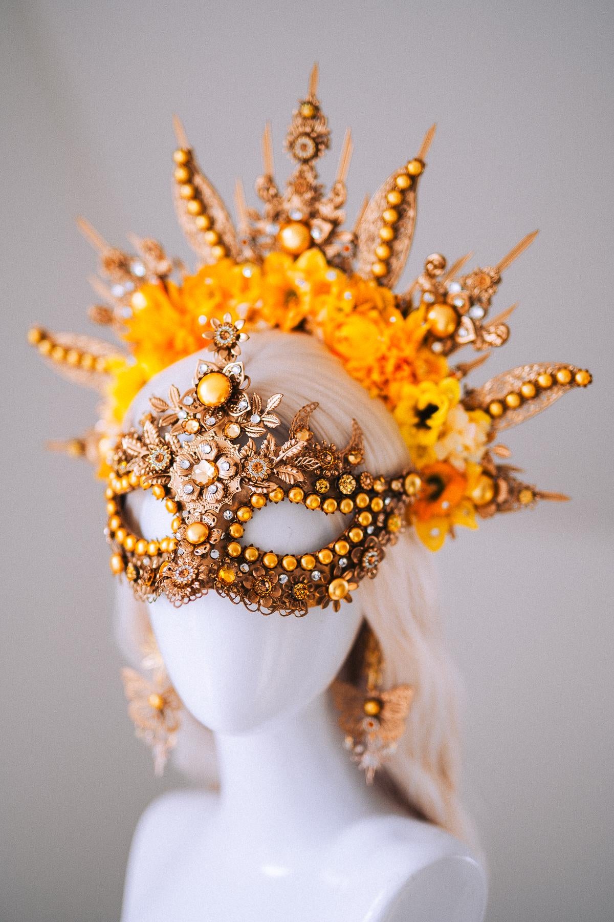 Sun Goddess Masquerade Mask Gold Crystal Festival Costume Mask