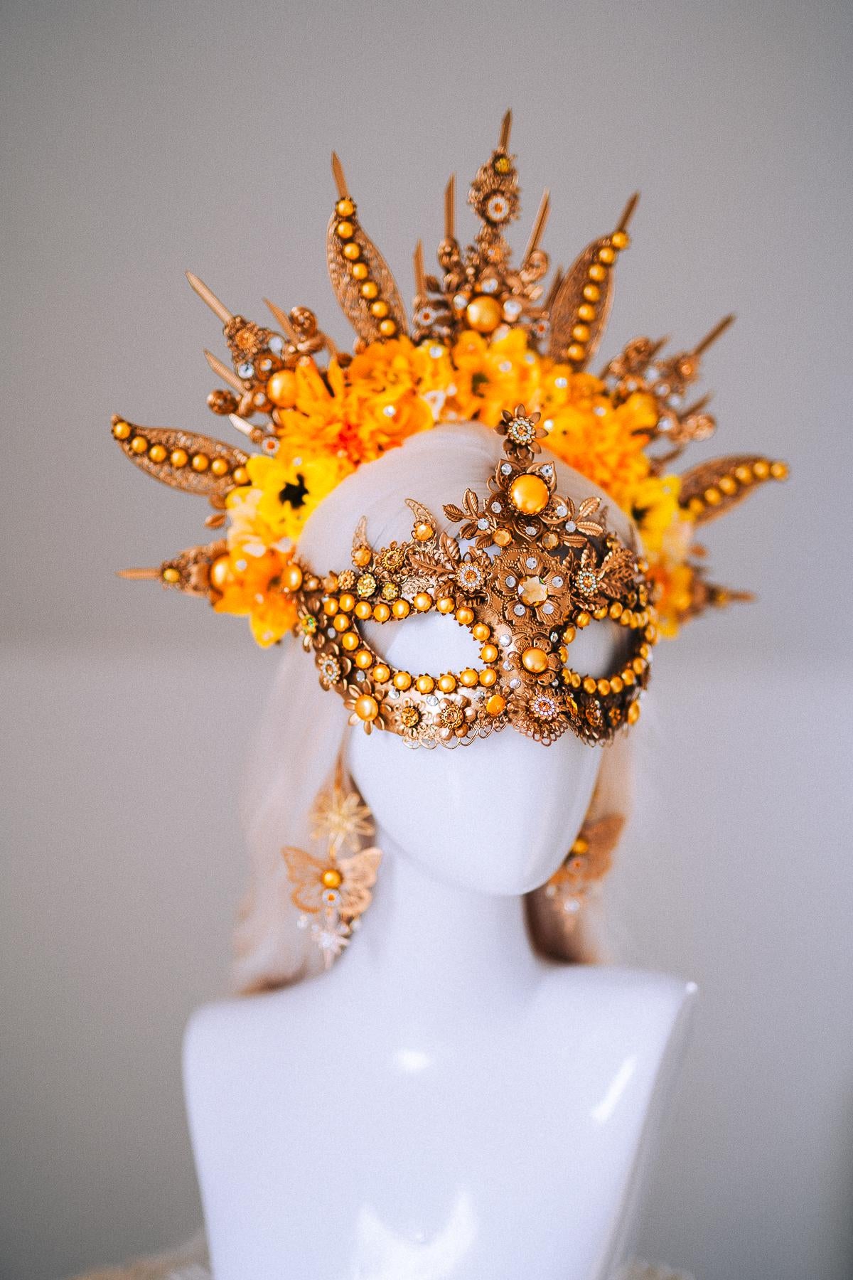 Sun Goddess Masquerade Mask Gold Crystal Festival Costume Mask