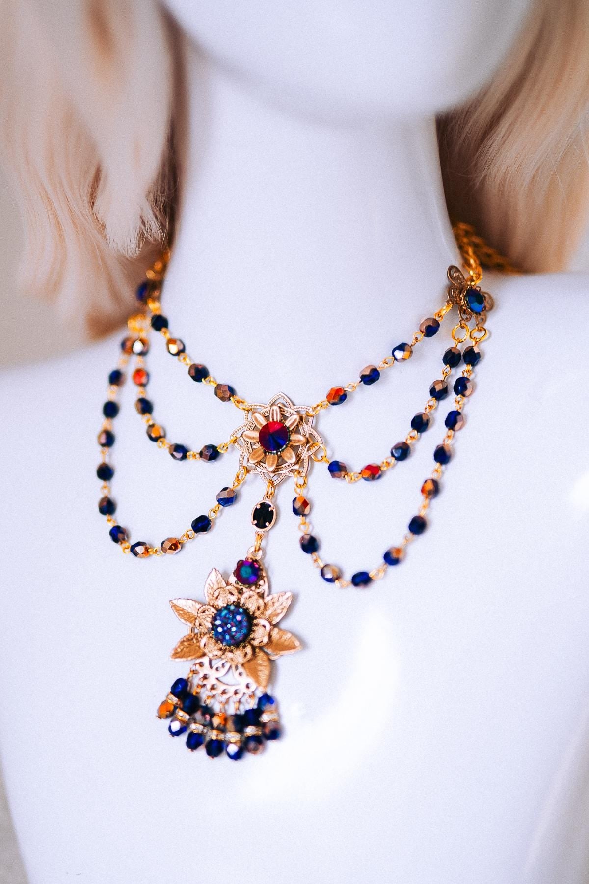 Sun Goddess Gold Statement Necklace Blue Crystal Festival Jewelry