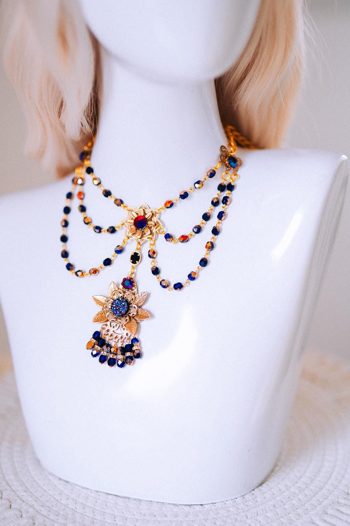 Sun Goddess Gold Statement Necklace Blue Crystal Festival Jewelry