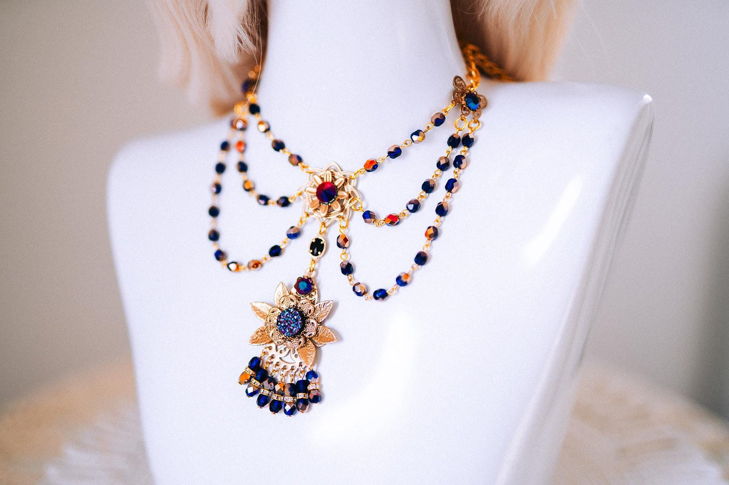 Sun Goddess Gold Statement Necklace Blue Crystal Festival Jewelry