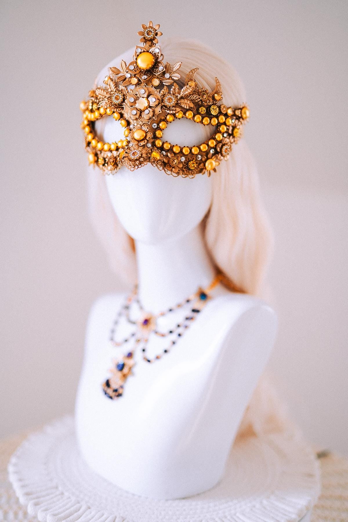 Sun Goddess Gold Statement Necklace Blue Crystal Festival Jewelry