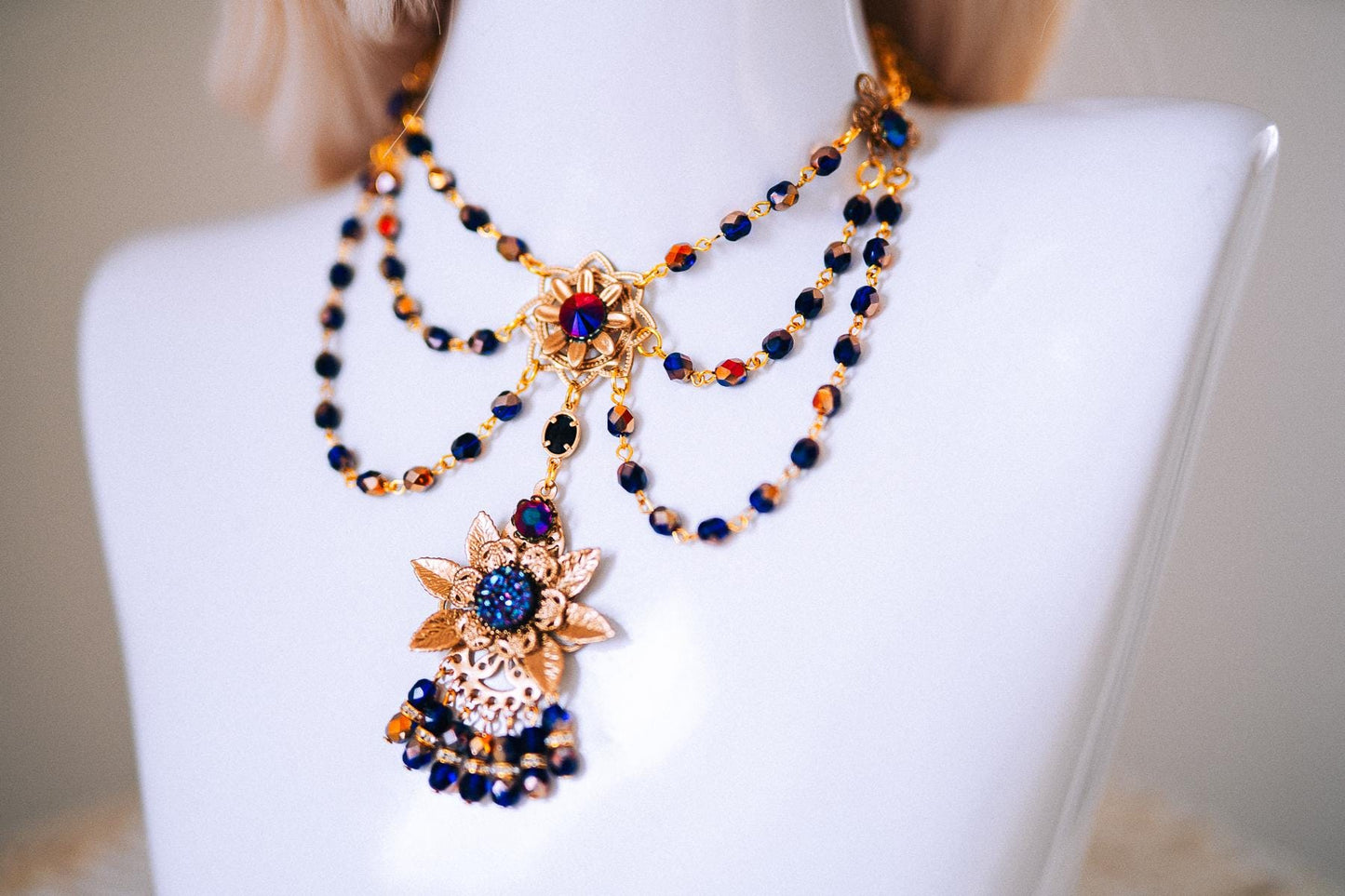 Sun Goddess Gold Statement Necklace Blue Crystal Festival Jewelry