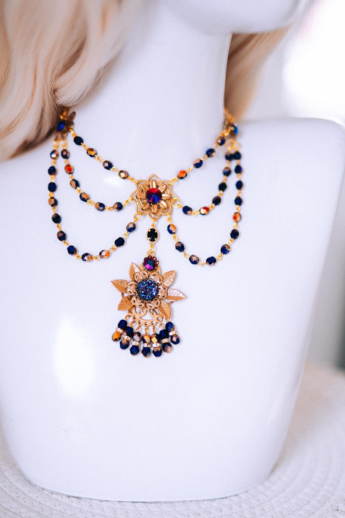 Sun Goddess Gold Statement Necklace Blue Crystal Festival Jewelry